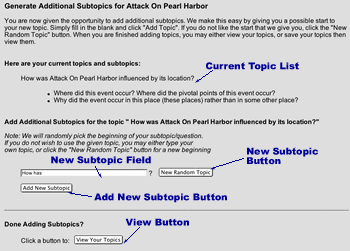 Image showing the current topic list, along with the random topic generator. There is also an option to view the topic outline at the bottom of the page.