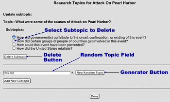 Image showing the area in which you can delete a subtopic or add a new one using the random topic generator.